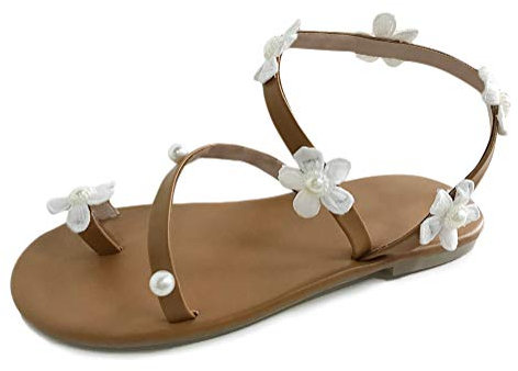Minetom Sandales Plates Femmes, Chaussures de Ville Été à Style Tressée Perles Tongs Nu Pieds à Talons Plats Confortables Tendance 2018 pour Pieds Larges Grande Taille Noires Bleus E Blanc 41 EU