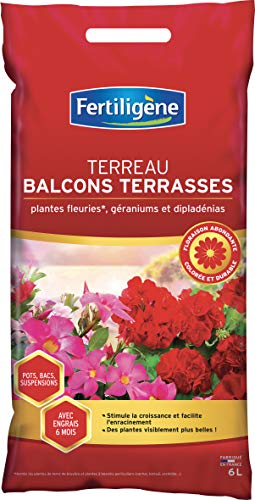 Fertiligène FBAL6P - Terreau Balcons et Terrasses Plantes Fleuries 6 L - Stimule la Croissance et facilite l'enracinement - pour des Plantes Plus Belles - avec Engrais Organique - Fabriqué en France