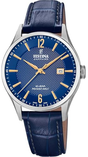 Festina Swiss Made Herrenuhr Analog aus Leder Blau | Quarzwerk, Kalender, Widerstandsfähiges Saphirglas, Wasserdicht 10 ATM F20007/3 Classic Leather