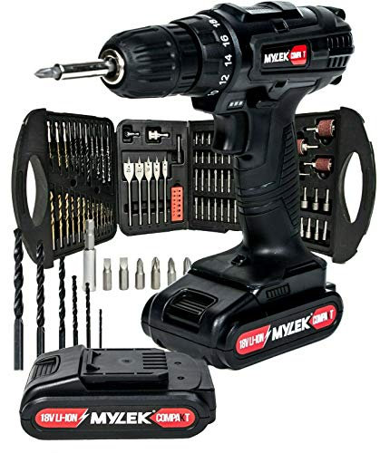 MYLEK 18V Li-ion Cordless Drill Driver Set 131 Piece Combi Accessory Kit - LED Worklight (131 Piece Drill Set & 2 Batteries, Black)