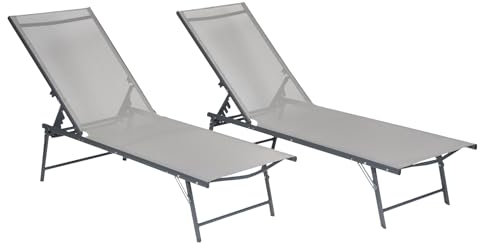 Happy Garden Lot de 2 Bains de Soleil pliants Sicilia en textilène Gris - Structure Gris Anthracite. Bain de Soleil d'extérieur en Acier 5 Positions.