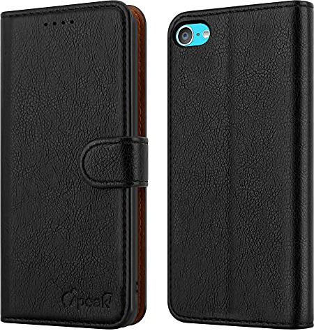Custodia per iPod Touch 7a/6a/5a generazione in pelle con chiusura magnetica, supporto per carte di credito, protezione completa per iPod Touch 5/6/7 Gen (nero)