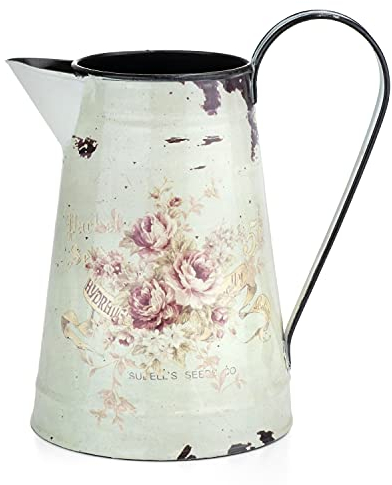 Deko Blech Kanne Metallblumenvase mit Griff und Ausgießer Vintage Retro Dekoration Shabby Motiv Blüten/Blütenmuster