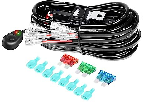 SKYWORLD Kit de faisceau de câblage pour barre lumineuse LED 4 câbles 10ft 40A DC 12V Fusible relais Interrupteur marche/arrêt pour feux de brouillard de voiture Kit de faisceau de câbles Camion