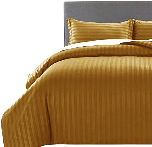 MOONLIGHT20015 Double Duvet Set Reversible Stripes Satin Double Bedding Set with 2 Pillowcases Soft Hypoallergenic Duvet Cover (Ochre 200x200 CM)