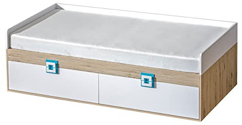 Marmex Nico N14 Einzelbett 90x200 cm mit Schubladen für Jugendzimmer - Funktionelles Bett für Kinderzimmer - Hochwertige Möbelbeschläge - Laminierte Spanplatte - Eiche Hell + Weiß + Türkis