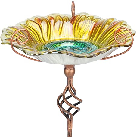 MUMTOP Vogeltränke für den Außenbereich, Vogeltränke aus Glas, Vogeltränke, Sonnenblumen-Vogelfutterspender mit Pfahl für Garten, Hof, Dekoration (Gelb)