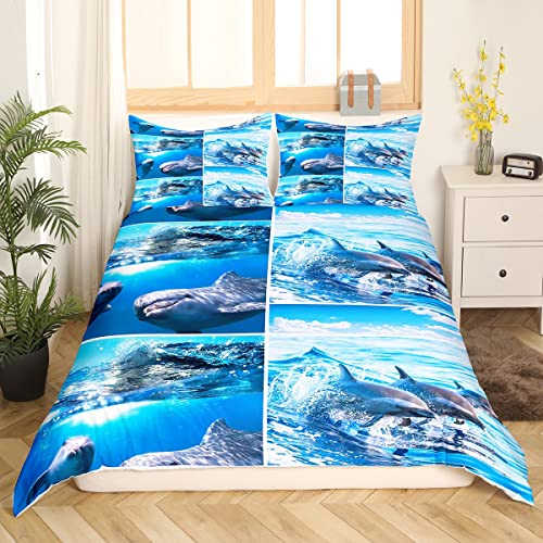 Loussiesd Delfin Bettwäsche 155x220cm Mädchen & Jungen Kinderbettwäsche Meerestiere Fische Ozean Meerwasser blau Bettbezug Set mit 1 Kissenbezug 80x80 für Teenager Frau Sommer Bettwäscheset