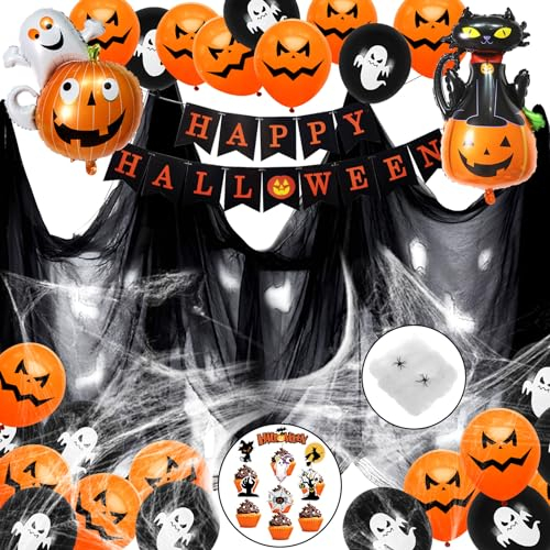 Halloween Deko Kinder Set, Halloween Dekoration Kinderparty, Happy Halloween Banner, Große Fledermaus KüRbis Ghost Spinne Halloween Ballons, Dekostoff, Spinnennetz für Haus Grusel Party Garten Deko