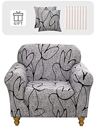 Lydevo Sofabezug 1 Sitzer Stretch Sofahusse Elastischer Sofabezug Spandex Sofa Überzug mit 2 Kissenbezug Anti-Rutsch Waschbar Sofa Protection Cover Schonbezug Couch,Graue Blume