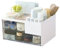 MILULUGO Makeup Organizer with 2 Drawers, Desk Organizer，4 Compartments, Cosmetics Storage Box for nail polish,Lipstick, Brushes, Jewelry, Skincare，Bathroom Organization Boxes - White