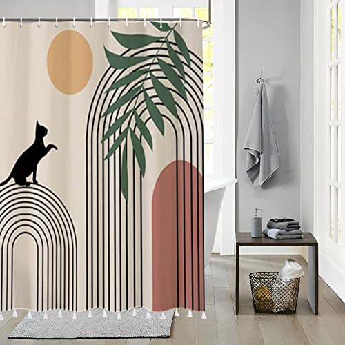 Bovlleetd Arco Modello Tenda da Doccia con Nappa - Foglie Verdi e Gatto, Tessuto Impermeabile in Poliestere, 12 Ganci, Lavabile, Set 180x200cm