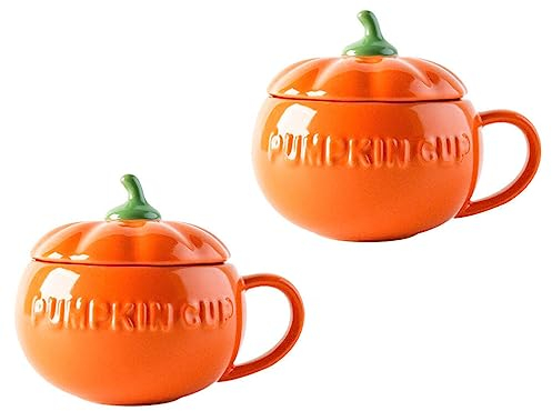 Yardwe 2PCS Cute Pumpkin Cup Ceramic Coffee Milk Mug with Lid Halloween Mug for Halloween, Thanksgiving, Birthday, Fall Party Favors (Small)