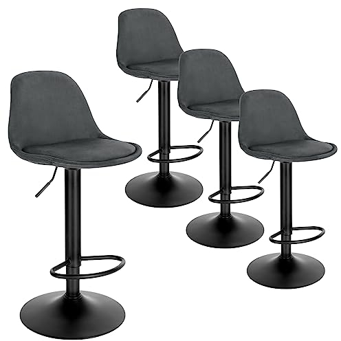 EUGAD Tabouret de Bar Lot de 4, pour Îlot de Cuisine, Bar, Salle à Manger, Réglable en Hauteur et Pivotante, avec Dossier, Repose-Pieds, en Velours, Gris Foncé