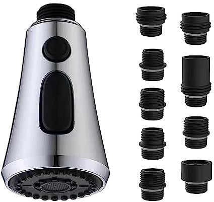 Pull Down Kitchen Faucet Head Replacement,Multifunctional Kitchen Faucet Head Sink Spray Nozzle with 9 Adapters,Pull Down Faucet Spray Head,Easy to Install Kitchen Sink Sprayer Nozzle Head(Silver)