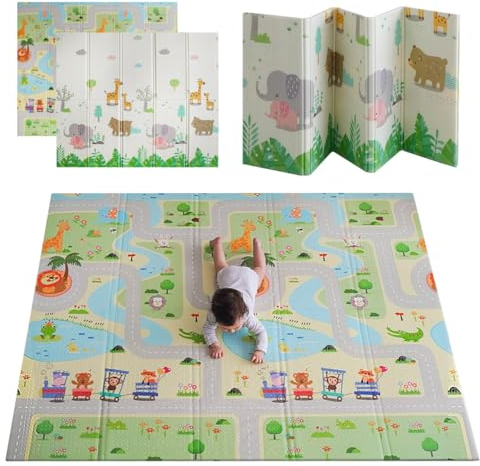MIKMEL Spielmatte für Babys und Kinder, Faltbare Krabbeldecke, Wasserdichte Krabbelmatte aus Schaumstoff, Kindermatte zum Lernen, Tragbar Rutschfest, Doppelseitige Schaum Matte (Straßen/Tiere)