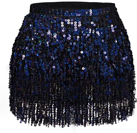 Glitzer Damen Pailletten Rock Bauchtanz Kostüm Mini Cowgirl Tanzkleid Rave Outfit Hüfttuch für Damen und Mädchen (DE/NL/SE/PL, Alphanumerisch, M, Regular, Schwarz)