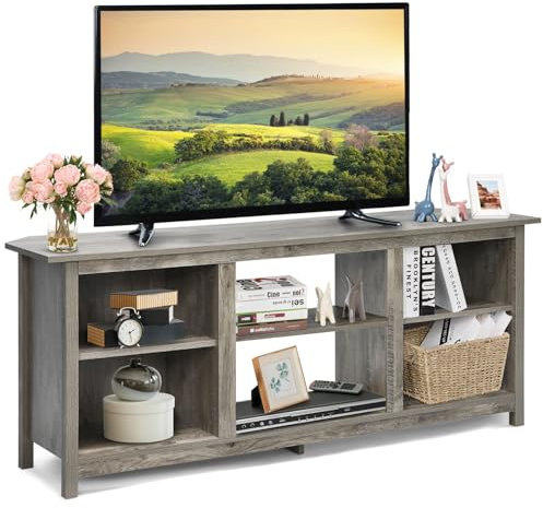 CASART TV Stand Cabinet for 65 Inch TVs, Wooden Media Stand with 6 Storage Shelves, Modern TV Console Table Fireplace TV Stand for Living Room, Entertainment Room and Bedroom (Grey)