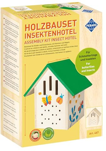 Pebaro 467 Holzbauset Insektenhotel, Schmetterlings- und Bienenhaus in Einem, wetterfest, unbehandeltes Holz, mit Hammer & Nägeln, Löcher für Nägel vorgebohrt
