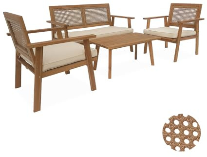 Alice's Garden Gartengarnitur aus Holz und Rundrohrgeflecht 2-Sitzer-Sofa, 2 Sessel, 1 Couchtisch - Bohémia 117 x 64 x 74 cm