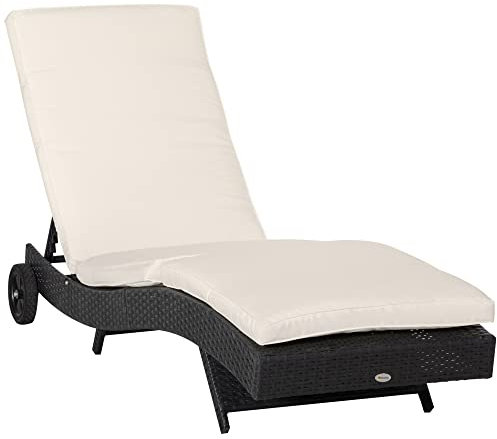 Outsunny Tumbona de Ratán Reclinable Tumbona de Jardín en Forma de S con 2 Ruedas Respaldo Ajustable en 5 Posiciones y Cojín Extraíble para Patio Terraza 207x70x70 cm Negro y Crema