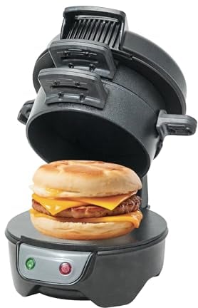 DMD® | Electric Breakfast Sandwich Maker, Muffin Maker & Grilled Sandwich Toastie Maker - With Egg Cooker Ring, Easy to Clean Non-Stick Cooking Plates, English Muffin Maker