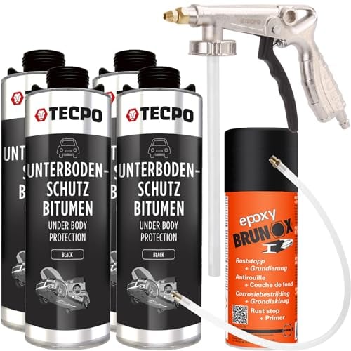 TECPO Unterbodenschutz Bitumen, 4 Liter + Sprühpistole + Roststopp Grundierung