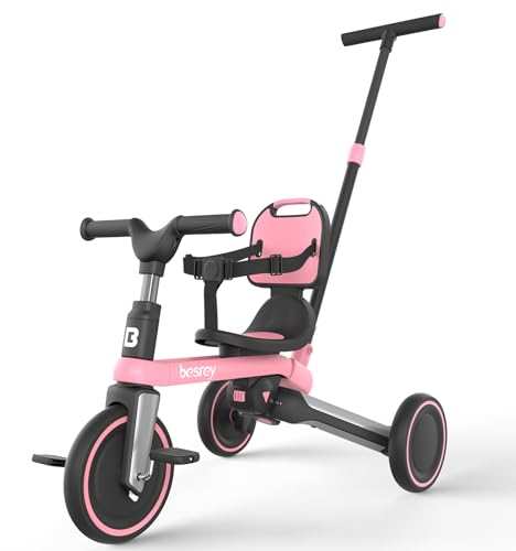 besrey Kleinkinder-Dreirad mit elterngesteuertem Schiebegriff für 1–3 Jahre alte Mädchen und Jungen, Kleinkinderfahrrad mit abnehmbaren Pedalen, faltbares Kinder-Schiebedreirad, Rosa