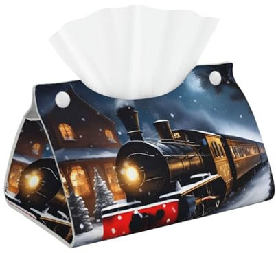 Taschentuchbox aus Leder, wasserdicht, für Winter, Weihnachten, Schnee, Nacht, Eisenbahn, Zug, – kreative, leichte und faltbare Aufbewahrung für Zuhause, Büro und Auto