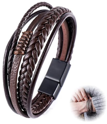 LAKJUOZ Pulsera Hombre Cuero,Pulsera De Cuero De Múltiples Capas Tejidas A Mano,Acero Pulsera Trenzada Con Cierre Magnética Inoxidable,Gran Idea De Regalo Para Novio,Padre,Marido