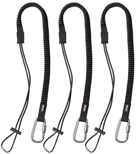 PRETEX Cuerda para Herramientas con Mosqueton - 3X Cuerda con Mosqueton para Sujetar 3 Herramientas - Cuerdas Elasticas hasta 155 cm para Construccion Reparaciones Limpiar Ventanas