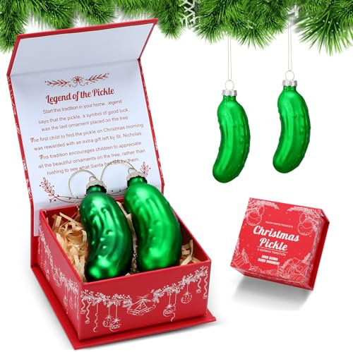 Misdary 2 Stück Weihnachtsgurken Ornament Deutsche Weihnachten Gurke Ornament Deutsche Tradition Geblasenes Glas Baumschmuck in Geschenkbox mit Geschichte und Legende