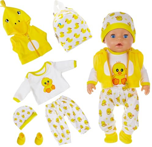 Puppenkleidung Kompatibel mit 35-43 cm New Born Baby Puppen, inklusive Oberteil Hose Weste Hut Rucksack Socken, Gelbe Ente Puppenkleidung für New Baby 14-17 Zoll für Jungen und Müdchen