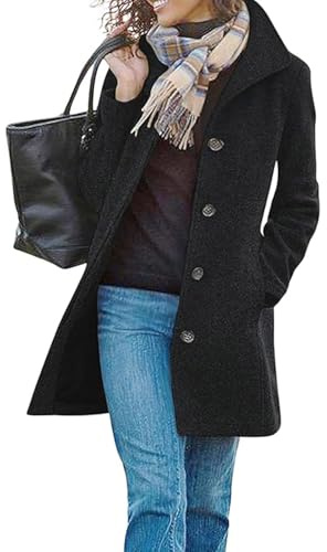 utcoco Women's Casual Thicken Single Breasted Pea Coat Stand Collar Mid Long Wool Coats with Pockets