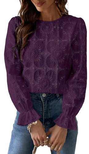 CUPSHE Women's Long Sleeve Blouse Made of Broderie Anglaise, with Floral Pattern, Elegant Round Neck, Women’s Top with Puff Sleeves, purple, M