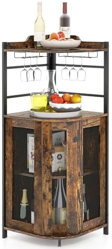 GiantexUK Corner Bar Cabinet, Industrial Wine Cabinet with Glass Holders, Adjustable Shelf & Mesh Doors, Anti-Slip Storage Display Rack for Kitchen Dining Living Room (Rustic Brown)