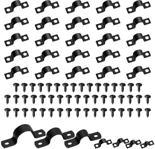 Mardatt 25 Set 1/2(12mm) Two Hole Pipe Strap Clamp, Carbon Steel Rigid U Bracket Clamps U-Tube Strap Clamp Conduit Clamps with Self-Tapping Screws for Pipe Fixing, Black