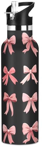 Pink Red Bow Black Water Bottles for Boys Kids Stainless Steel Thermos Bottle Cups with Straw Lid Leakproof Insulated Flask Jug 20 oz