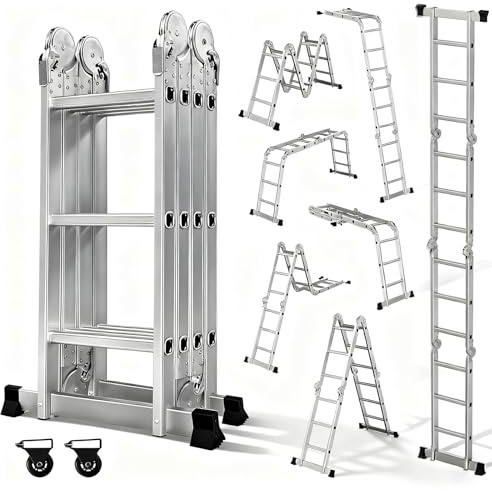OUTIGO Scala multiuso 4x3, scala pieghevole in alluminio 7 in 1 con 2 ruote, scala multiuso per uso domestico a 12 gradini, portata massima 150 kg,