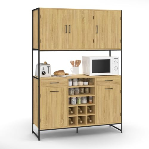 IDMarket - Buffet de Cuisine 120 cm Detroit Design Industriel | Avec 5 portes et tiroirs + range-bouteilles