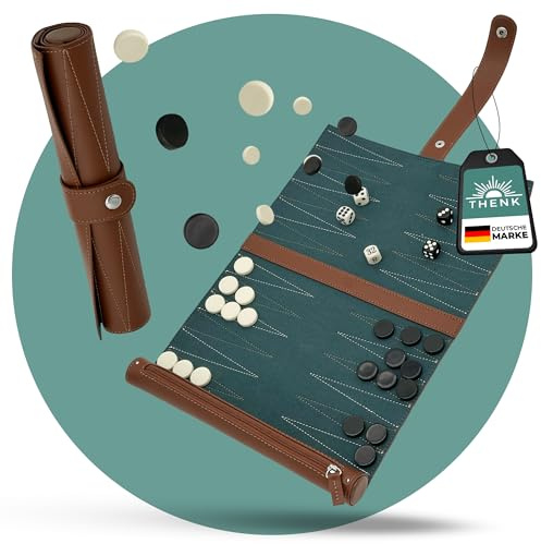 THENK Reise Backgammon – Edles Rollbares Backgammon Spiel aus Premium Kunstleder – Kompaktes Reisespiel mit Spielsteinen & Würfeln – Leicht und perfekt für Urlaub & Outdoor