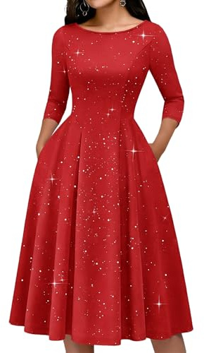 Bridesmay Women's Sequin 3/4 Long Sleeve Cocktail Dresses with Pockets,Red Midi A-Line Evening Party Dress for New Year's Eve Red M