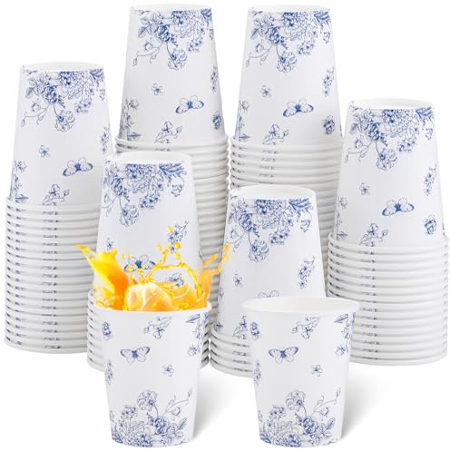 NatNarr 100 Pack Blue Floral Paper Drinking Cup, 9oz Tea Party Cups | Disposable Spring Paper Cups, Drinking Cup for Hot Cold Beverage Picnic Birthday Barbecue Tea Party Wedding
