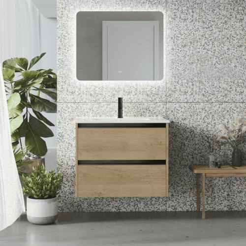 Mueble de Baño Suspendido Fondo Reducido con Lavabo Cerámico para Aseos| Mueble Volado 2 Cajones con Tirador | 80 cm Roble Natural Tirador Negro