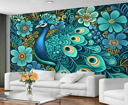 GIVLWF Peacock Wallpaper Turquoise Bird Mural Wallpaper Watercolor Florals Bedroom Wall Paper for Living Room Non Self Adhesive Wall Murals & Home Decor
