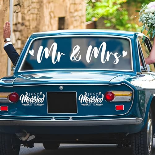 Mr und Mrs Just Married Autoaufkleber, Sticker Mr & Mrs Hochzeit Auto Dekorationen Autodekoration Hochzeit Flitterwochen Auto Wandfenster Dekor