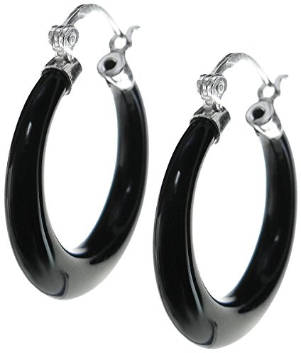 Kreolen-Ohrring aus 925er Sterlingsilber, natürlicher schwarzer Onyx, rund, Sterling Silber, Onyx