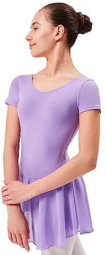 tanzmuster Ballettkleid Mädchen Kurzarm - Lucy - weiche Baumwolle - Chiffon Röckchen - Ballett Trikot für Kinder - lavendel 128/134