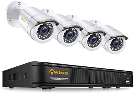 Anlapus 1080P CCTV Kit Sistema de Vigilancia 8 Canales H.265+ Videograbador DVR con 4 Cámara de Seguridad, sin Disco Duro, Visión Nocturna, Alarma Email