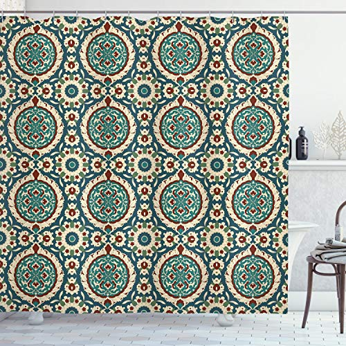 ABAKUHAUS orientalisch Duschvorhang, Retro nostalgisches Design, Stoffliches Gewebe Badezimmerdekorationsset mit Haken, 175 x 240 cm, Teal Bordeauxrot